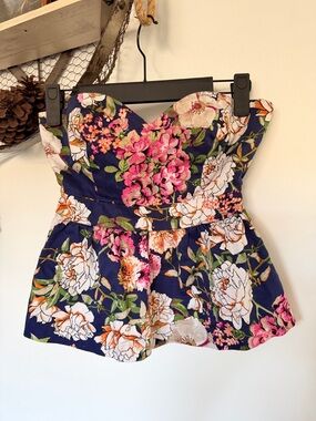 Seductions Floral Strapless Top - Navy with Pink & White Flowers Sz S